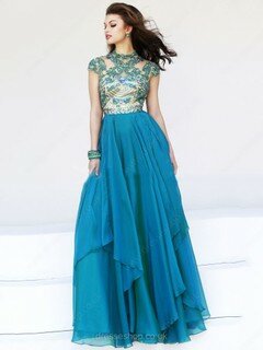 Floor-length Tulle Chiffon with Beading Appliques High Neck Cap Straps Prom Dresses #02017326