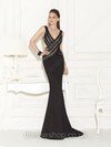 Trumpet/Mermaid V-neck Tulle Silk-like Satin Sweep Train Beading Prom Dresses #02017335