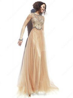 Hot Scoop Neck Champagne Open Back Tulle Beading Sweep Train Prom Dress #02017355