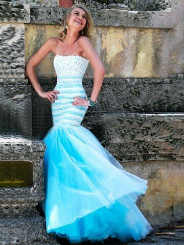 Strapless Tulle Appliques Lace Blue Perfect Trumpet/Mermaid Prom Dress #02017370