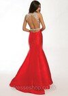 Trumpet/Mermaid Red Satin Tulle Sweep Train Crystal Detailing Backless Prom Dress #02017379