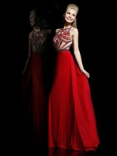 Fashion Scoop Neck Chiffon Tulle Floor-length Beading Red Prom Dress #02017415