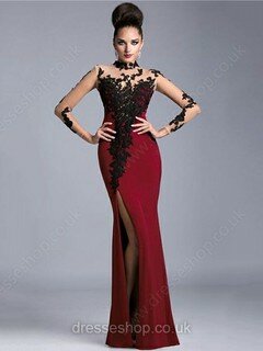 High Neck Long Sleeve Tulle Silk-like Satin Split Front Sweep Train Burgundy Prom Dresses #02017438