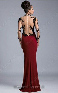 High Neck Long Sleeve Tulle Silk-like Satin Split Front Sweep Train Burgundy Prom Dresses #02017438