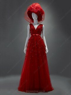Princess V-neck Tulle Silk-like Satin Floor-length Beading Prom Dresses #02018082