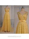 A-line V-neck Tulle Court Train Beading Prom Dresses #02017938