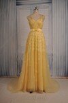 A-line V-neck Tulle Court Train Beading Prom Dresses #02017938