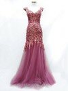 Trumpet/Mermaid V-neck Tulle Floor-length Beading Prom Dresses #02017939