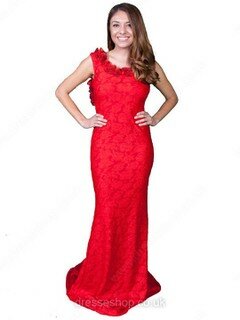 Trumpet/Mermaid Scoop Neck Lace Sweep Train Flower(s) Prom Dresses #02017955