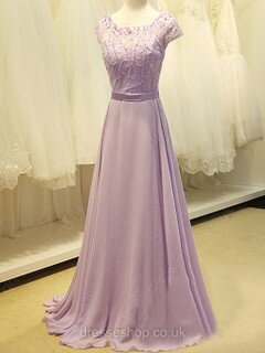 A-line Scoop Neck Chiffon Sweep Train Beading Prom Dresses #02017983