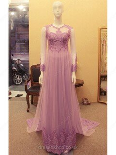 Princess Scoop Neck Tulle Watteau Train Appliques Lace Prom Dresses #02018006