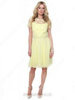 A-line Scoop Neck Tulle Short/Mini Beading Prom Dresses #02018027