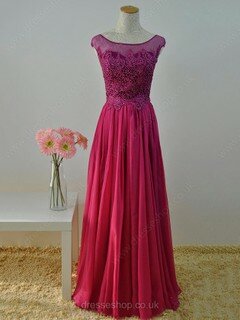 A-line Scoop Neck Chiffon Tulle Floor-length Beading Prom Dresses #02018052