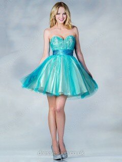 A-line Sweetheart Tulle Short/Mini Beading Prom Dresses #02018069