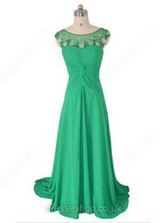 A-line Scoop Neck Chiffon Tulle Sweep Train Beading Prom Dresses #02017626
