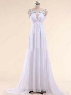 A-line Scoop Neck Chiffon Sweep Train Beading Prom Dresses #02017541