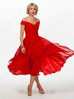 A-line Off-the-shoulder Chiffon Tea-length Ruffles Prom Dresses #02017545