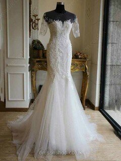 Trumpet/Mermaid Scoop Neck Lace Tulle Sweep Train Beading Wedding Dresses #00021204