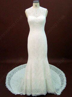 Trumpet/Mermaid Scoop Neck Lace Court Train Ruffles Wedding Dresses #00021209