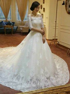 Princess Off-the-shoulder Lace Tulle Cathedral Train Appliques Lace Wedding Dresses #00021213