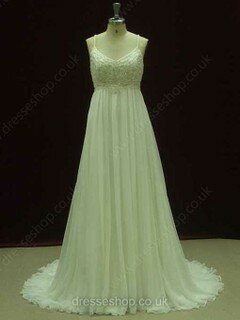 Empire V-neck Chiffon Sweep Train Beading Wedding Dresses #00021221