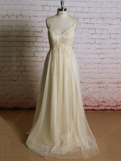 Empire V-neck Tulle Sweep Train Appliques Lace Wedding Dresses #00021223