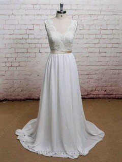 A-line Sweetheart Chiffon Sweep Train Lace Wedding Dresses #00021225