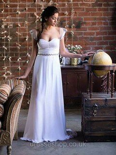 A-line Square Neckline Chiffon Tulle Sweep Train Beading Wedding Dresses #00021369