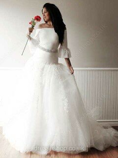 Ball Gown Off-the-shoulder Tulle Elastic Woven Satin Chapel Train Appliques Lace Wedding Dresses #00021398