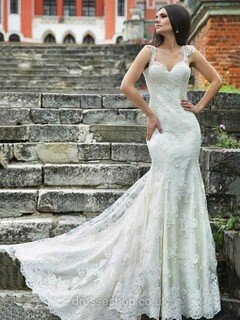 Trumpet/Mermaid Sweetheart Lace Sweep Train Beading Wedding Dresses #00021406