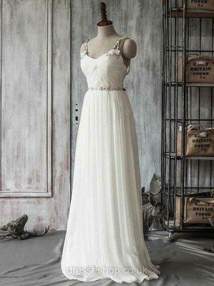 A-line Sweetheart Chiffon Tulle Sweep Train Beading Wedding Dresses #00021415