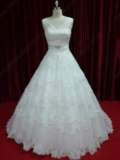 Ball Gown V-neck Tulle Court Train Appliques Lace Wedding Dresses #00021246