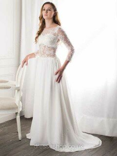 A-line Scoop Neck Lace Chiffon Court Train Ruffles Wedding Dresses #00021274