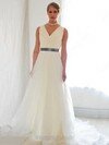A-line V-neck Tulle Elastic Woven Satin Court Train Sashes / Ribbons Wedding Dresses #00021287