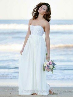A-line Sweetheart Lace Chiffon Sweep Train Beading Wedding Dresses #00021298