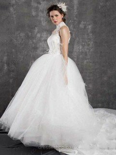 Ball Gown High Neck Tulle Chapel Train Appliques Lace Wedding Dresses #00021299