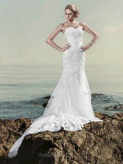 Trumpet/Mermaid Sweetheart Lace Tulle Chapel Train Appliques Lace Wedding Dresses #00021311