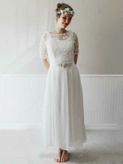 A-line Scoop Neck Lace Chiffon Ankle-length Sashes / Ribbons Wedding Dresses #00021316