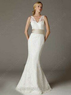 Trumpet/Mermaid V-neck Lace Sweep Train Appliques Lace Wedding Dresses #00021334