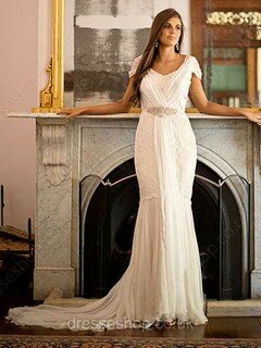 Trumpet/Mermaid V-neck Lace Chiffon Court Train Beading Wedding Dresses #00021348