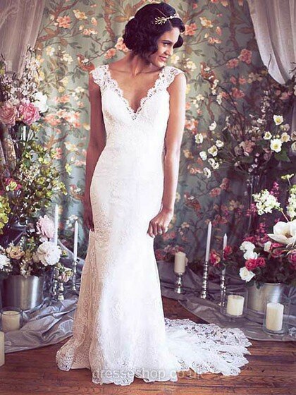 Trumpet/Mermaid V-neck Lace Court Train Flower(s) Wedding Dresses #00021351