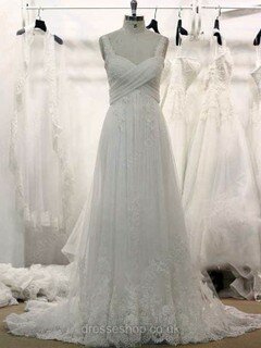 A-line Sweetheart Tulle Court Train Appliques Lace Wedding Dresses #00021355