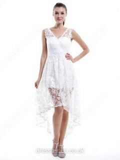 A-line V-neck Lace Asymmetrical Sleeveless Bridesmaid Dresses #01012456