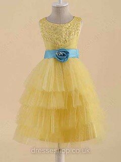 Ball Gown Scoop Neck Tulle Elastic Woven Satin Floor-length Beading Flower Girl Dresses #01031822