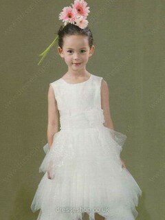 Princess Scoop Neck Tulle Elastic Woven Satin Court Train Tiered Flower Girl Dresses #01031843