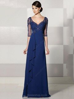 1/2 Sleeve V-neck Royal Blue Chiffon Tulle with Beading Floor-length Evening Dress #02018248