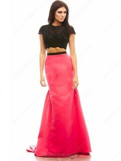 Two Piece Sweep Train Scoop Neck Watermelon Lace Satin Beading Evening Dresses #02018261