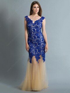Sheath/Column Multi Colours Lace Tulle Ruffles Popular V-neck Evening Dresses #02018294