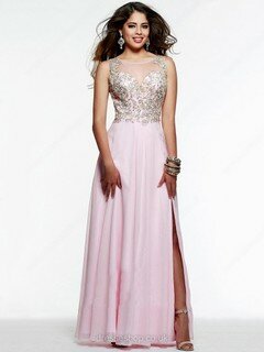 Split Front Scoop Neck Chiffon Tulle Beading Pearl Pink Floor-length Evening Dresses #02018315