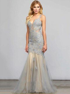 Trumpet/Mermaid Open Back Tulle with Appliques Lace Perfect V-neck Evening Dress #02018380